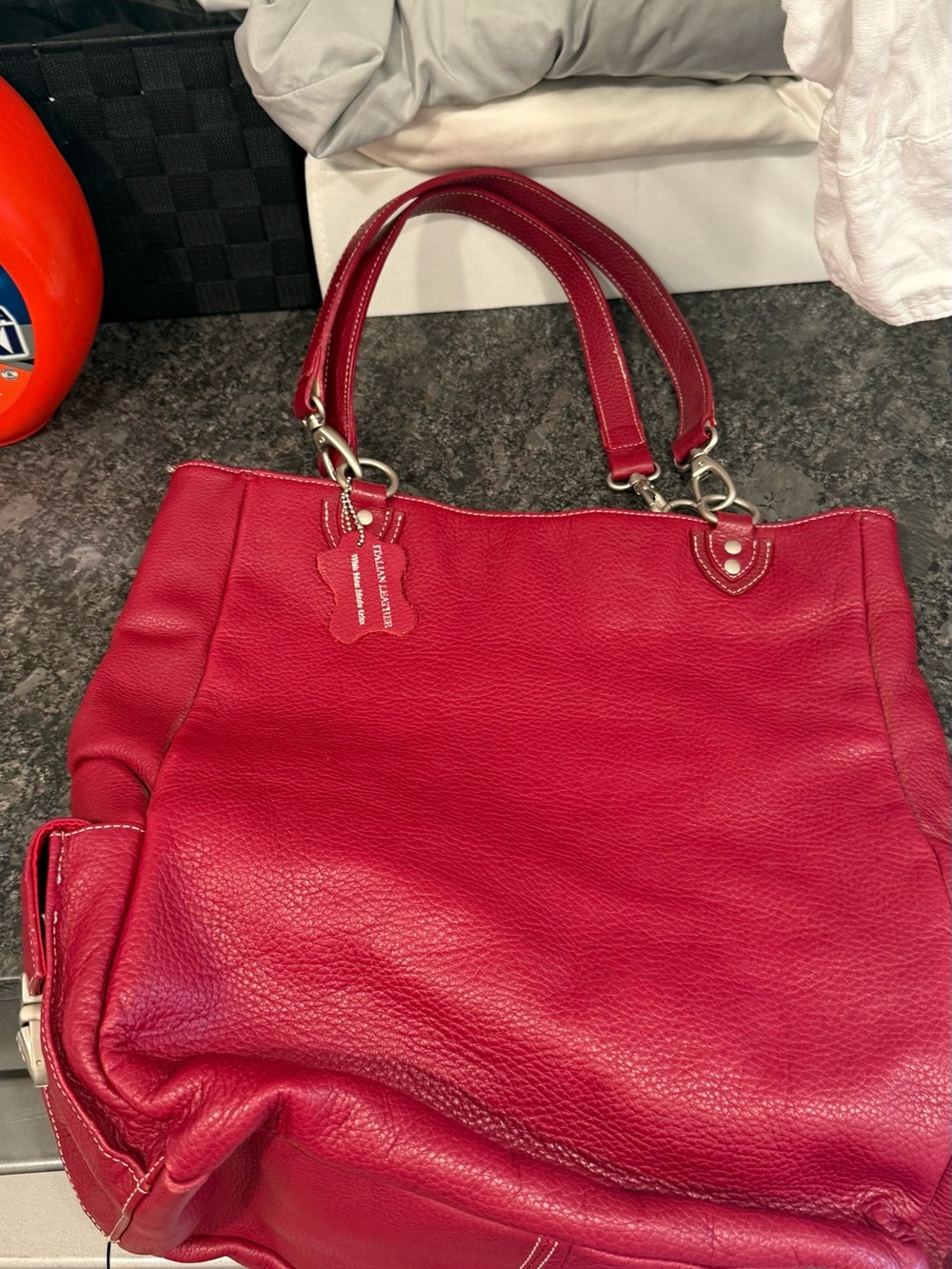 Women's italian Red Leather Tote Bag with Double Handles, inner and outer pocket